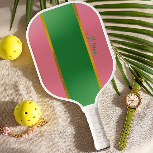 Stylish Pink Green Monogram Preppy  Pickleball Schläger (Pink and Green Monogrammed Pickleball Paddle 
)