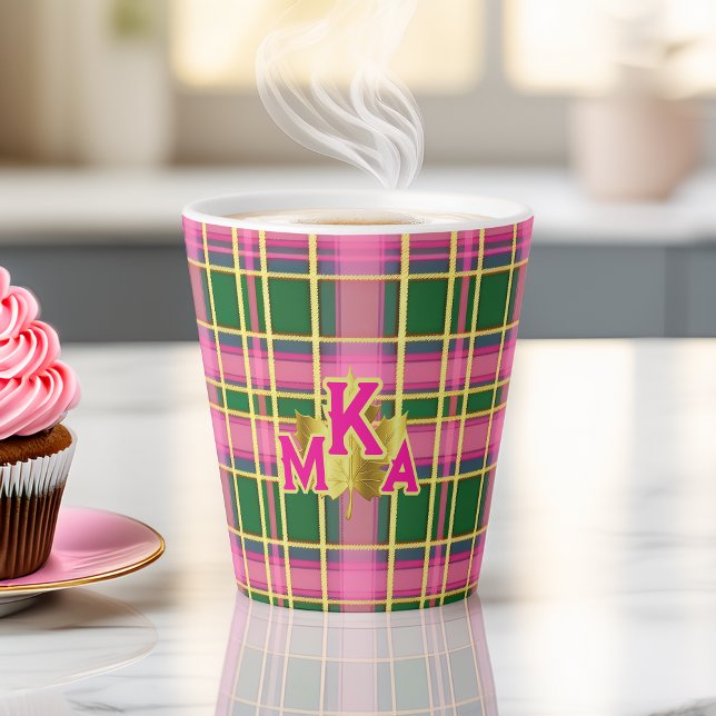 Stylish Pink & Green Plaid  Monogrammed Milchtasse (Stylish Monogrammed Pink and Green Plaid Latte Mug )