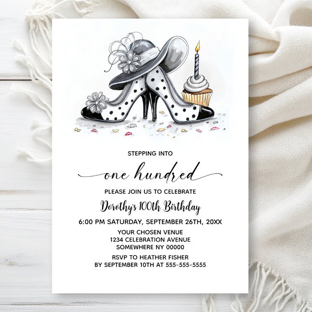 Stylish Polka Dot High Heel Shoes 100th Birthday Einladung (Von Creator hochgeladen)