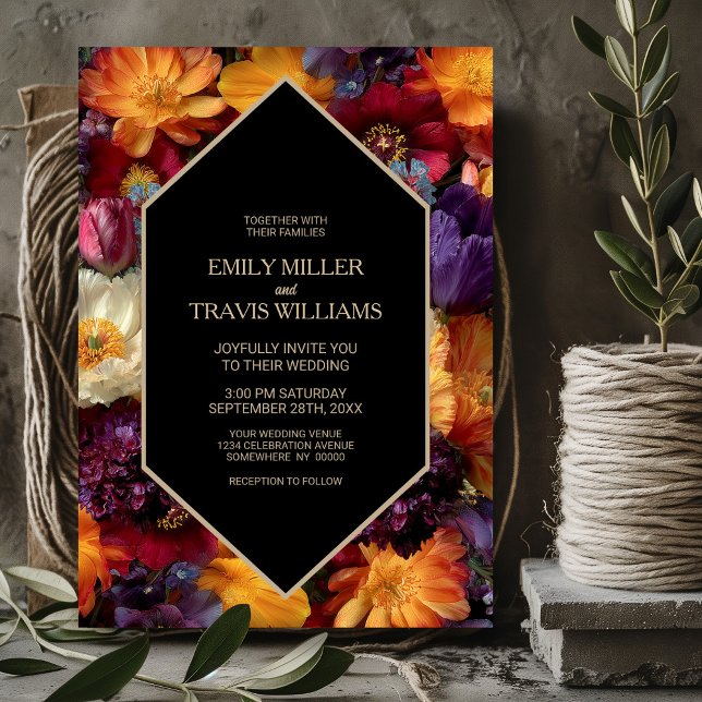 Stylish Purple and Orange Floral Black Wedding Einladung (Von Creator hochgeladen)