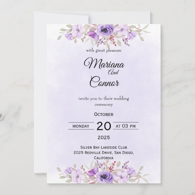 Stylish Purple Minimalist Floral Wedding  Einladung (Vorderseite)
