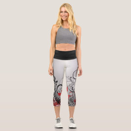 Stylish Red Black and Grey Leaf Design  Capri Leggings