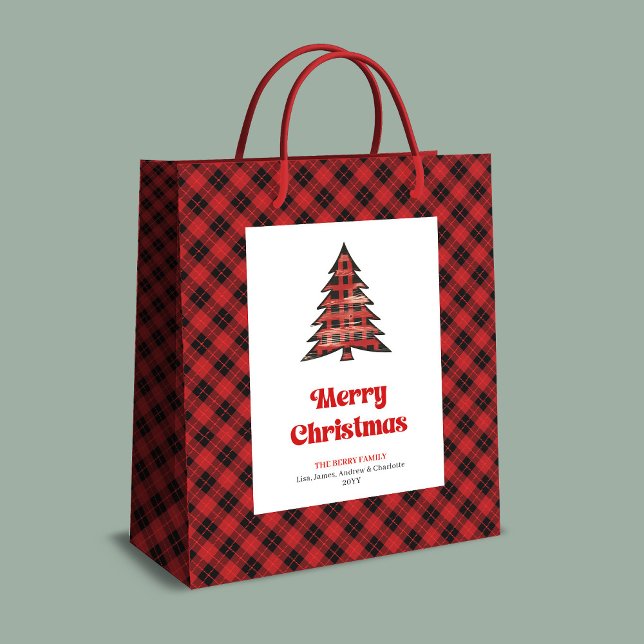 Stylish red black plaid Christmas bag custom name Mittlere Geschenktüte (Stylish red black plaid Christmas bag custom name)