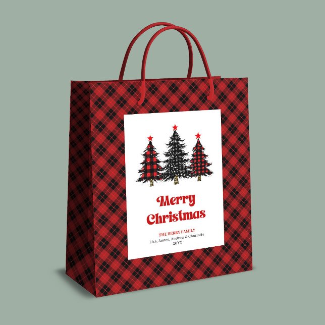 Stylish red black tartan Christmas gift bag name Mittlere Geschenktüte (Stylish red black tartan Christmas gift bag name)