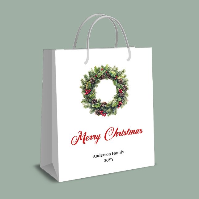 Stylish red black tartan Christmas gift bag name Mittlere Geschenktüte (Elegant Christmas wreath gift bag custom name)