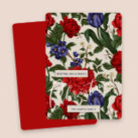 Stylish Red BotanicalFloral Merry Christmas Script Feiertagskarte<br><div class="desc">Beautiful vintage look floral print Christmas greeting card features stylish pretty red and blue botanical flowers with greenery leaves on a taupe background,  and includes a vibrant red back of the card. A simple Christmas greeting with elegant white script and your personalized name complete this festive card.</div>