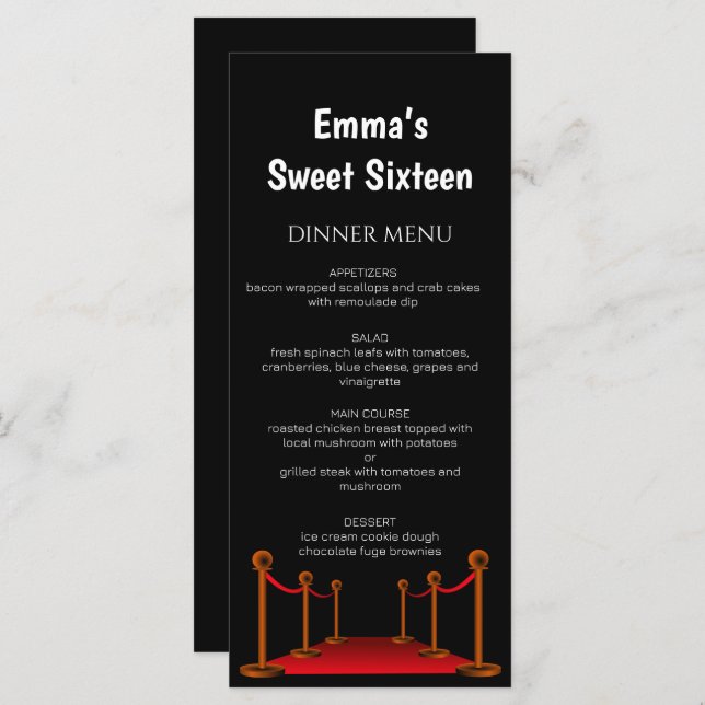 Stylish Red Carpet Hollywood Sweet 16 Birthday Menükarte (Vorne/Hinten)