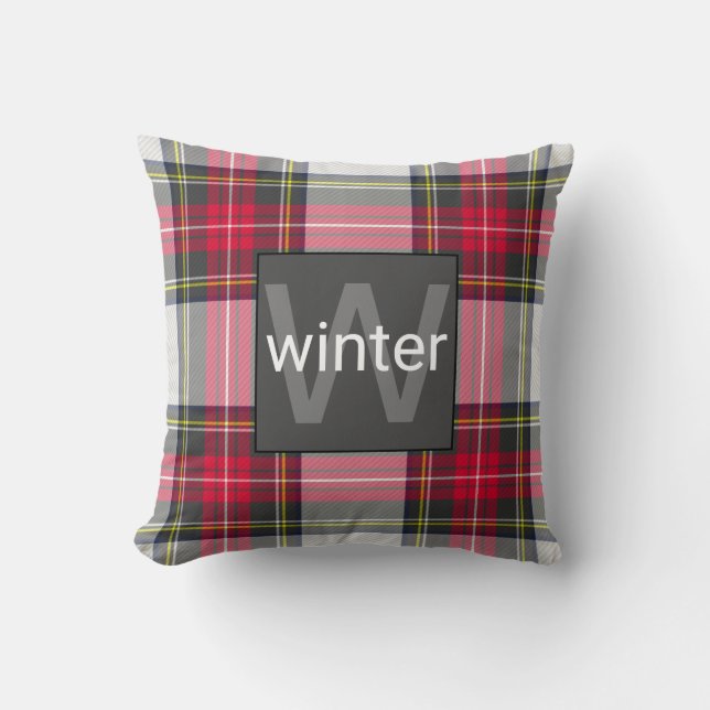 Stylish Red|Gray Tartan Kariert Mit Monogramm|Name Kissen (Vorderseite)