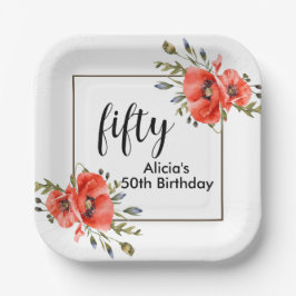 Stylish Red Poppy Flora 50. Geburtstag Pappteller