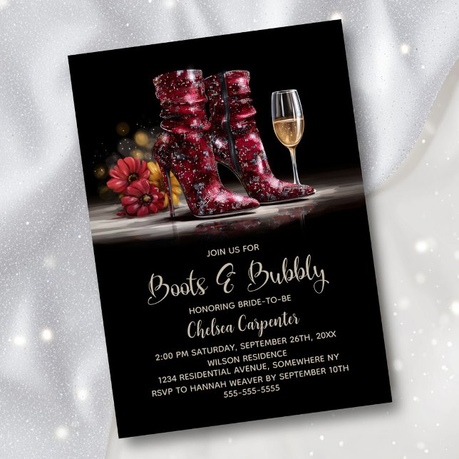 Stylish Red Sequin Boots and Bubbly Bridal Shower Einladung (Von Creator hochgeladen)