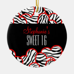 Stylish Red Sweet 16 Zebra Herzdesign Name Keramik Ornament