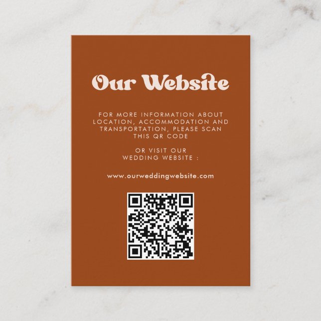 Stylish Retro Burnt Orange QR Code Hochzeitswebsit Begleitkarte (Vorderseite)