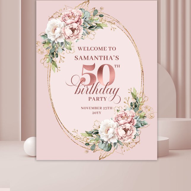 Stylish Rose Gold Greenery 50th Birthday Banner Wandteppich (Stylish Rose Gold Greenery 50th Birthday Banner)