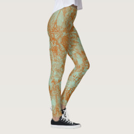 Stylish Rust Green Paris Toile Design Leggings
