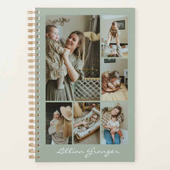 Stylish Sage Green Personalized Photo Collage Planer (Vorderseite)