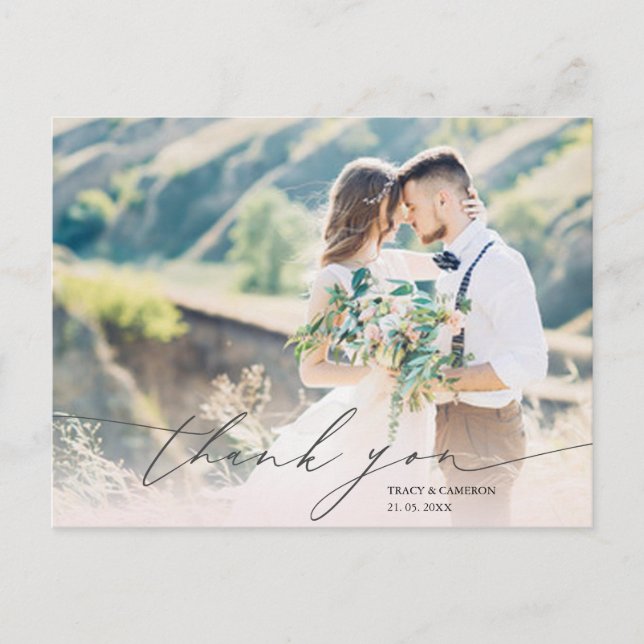 Stylish Script Custom Foto Wedding Vielen Dank Postkarte (Vorderseite)