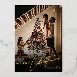 Stylish Script Minimalist 1 Photo Red Christmas Folien Feiertagskarte