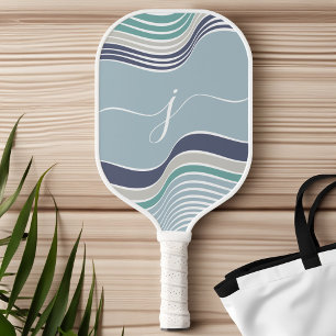 Stylish Script Monogram Abstract Retro Blue Wavy Pickleball Schläger