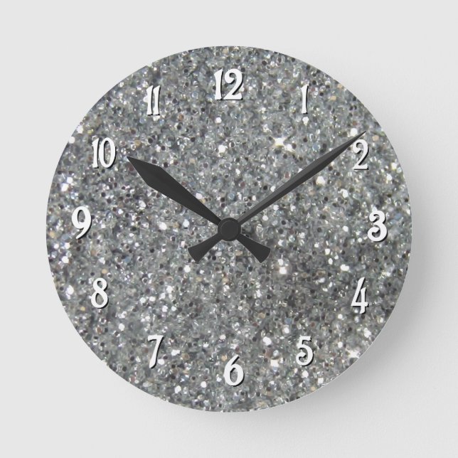 Stylish Silver Glitter Glitz Foto Runde Wanduhr (Vorderseite)