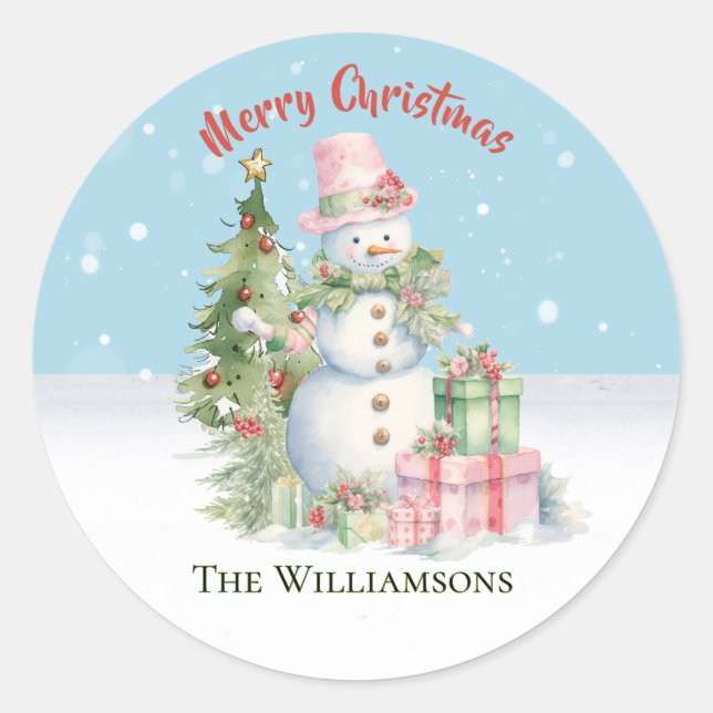 Stylish Snowman (Lady) Watercolor Christmas Tree  Runder Aufkleber (Vorderseite)