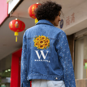 Stylish Sunflower White Monogram Women's Custom Jeansjacke