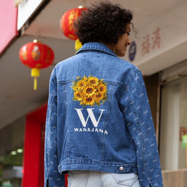 Stylish Sunflower White Monogram Women's Custom Jeansjacke (Von Creator hochgeladen)