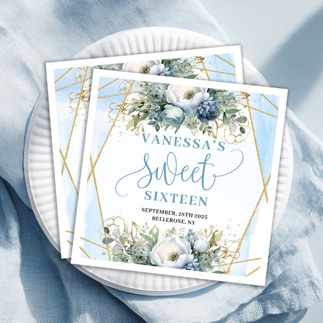Stylish Sweet Sixteen Blue and Gold Floral Napkins Serviette (Stylish Sweet Sixteen Blue and Gold Floral Napkins)