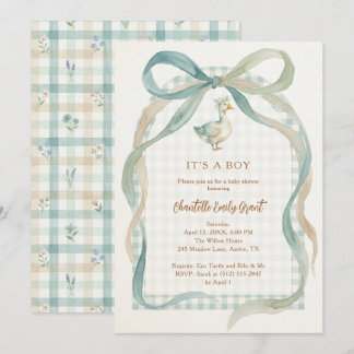 Stylish Sweet Teal Bow Goose Baby Shower TMF26 Einladung