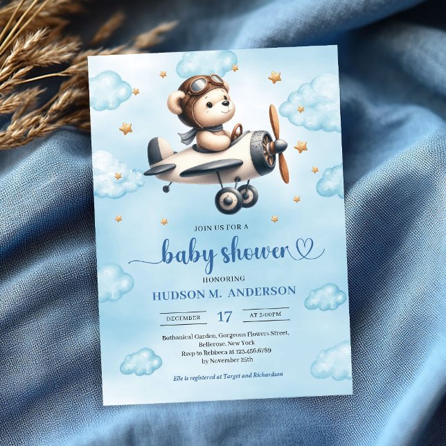 Stylish Teddy Bear Pilot Blue Gold Baby Shower  Einladung (Stylish Teddy Bear Pilot Blue Gold Baby Shower Invitation

)