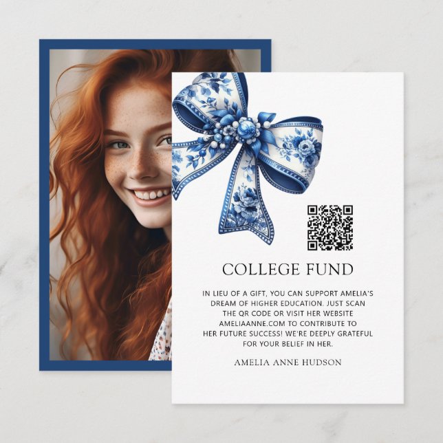 Stylish Trendy Blue Floral Bow Photo College Fund Begleitkarte (Vorne/Hinten)