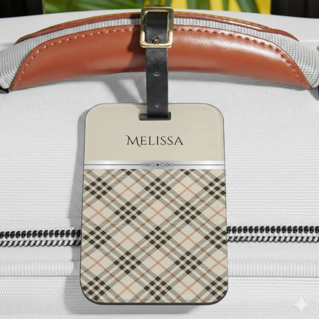 Stylish Trendy Travel Beige Plaid Monogram Gepäckanhänger (Travel with sophistication and ease with this boutique-style luggage tag)