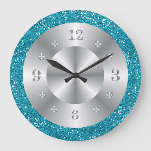 Stylish Turquoise Blue Glitter Silver Numbers Große Wanduhr