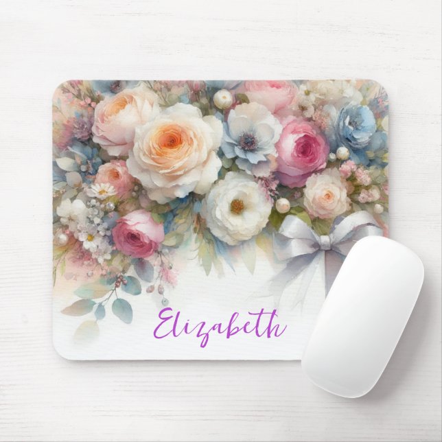 Stylish Watercolor Flowers Your Custom Text Name Mousepad (Mit Mouse)