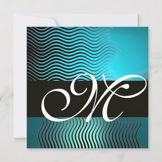 STYLISH WAVES MONOGRAM, aqua blue turquase, saphir Einladung (Vorderseite)