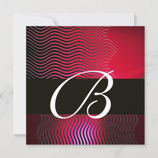 STYLISH WAVES MONOGRAM, Ruby Red Burgund Einladung (Vorderseite)