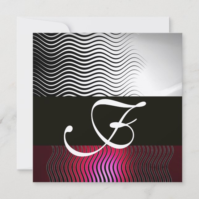 STYLISH WAVES MONOGRAM, Silver Red Ruby Burgund Einladung (Vorderseite)
