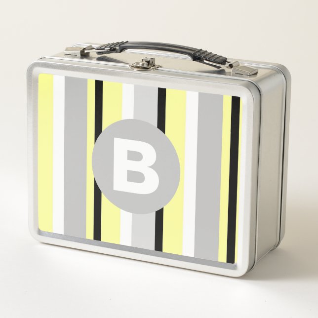 Stylish Yellow and Grey Striped Monogram Metall Brotdose (Vorderseite)