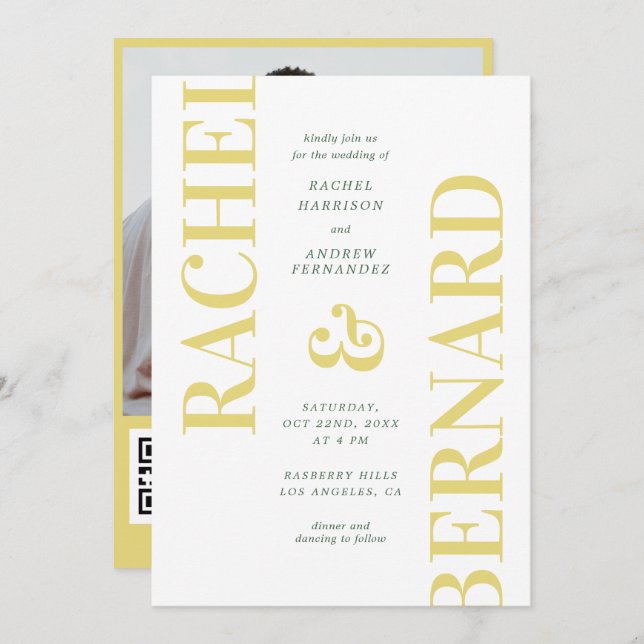 Stylish Yellow & Green Typography QR Code Wedding Einladung (Vorne/Hinten)