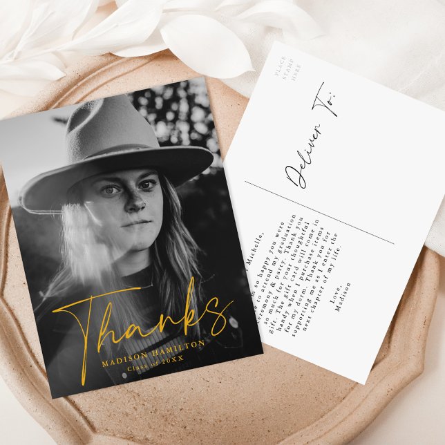 Stylish Yellow Script Foto Abschluss Vielen Dank Postkarte (Von Creator hochgeladen)