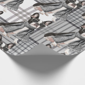 Stylisher Boston Terrier Hund und Karomuster mit M Geschenkpapier