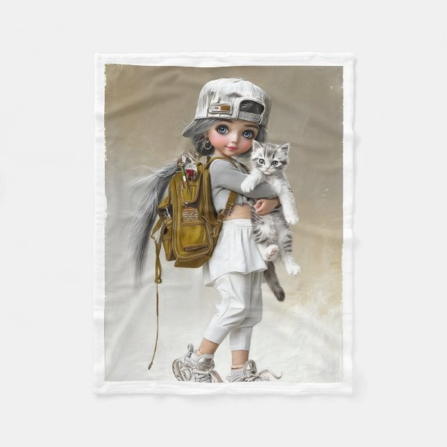 Stylishes Mädchen mit Kätzchen und Rucksack Fleece (Vorderseite)