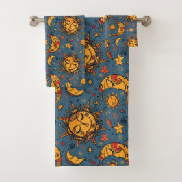 Stylisierte Hand Drawn Boho Sun Moon Stars Blue Badhandtuch Set