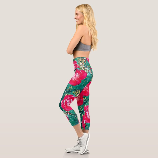 Stylisierte Rose mit roter Blume Capri Leggings (Links)