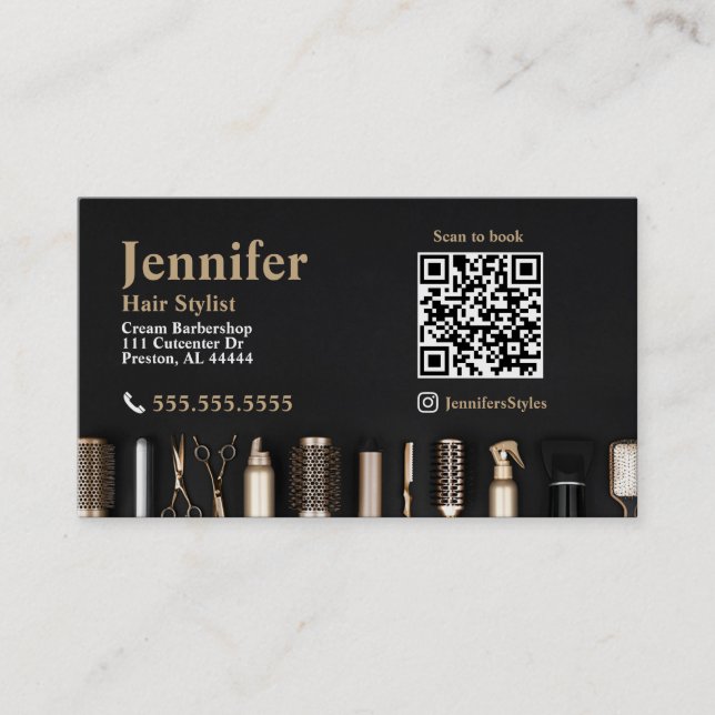 Stylist Black Gold Business Card mit QR Code Visitenkarte (Vorderseite)