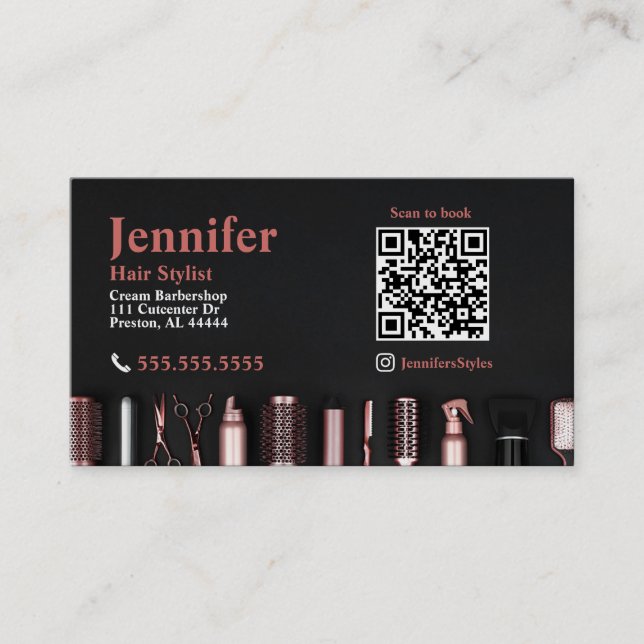 Stylist Black Rose Gold Business Card mit QR Code Visitenkarte (Vorderseite)