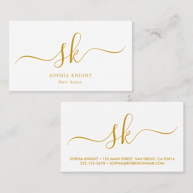 Stylist Custom Monogram Gold Script Visitenkarte (Vorne/Hinten)