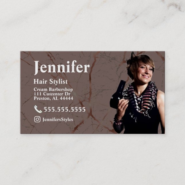 Stylist Marble Foto Business Card mit QR Code Visitenkarte (Vorderseite)