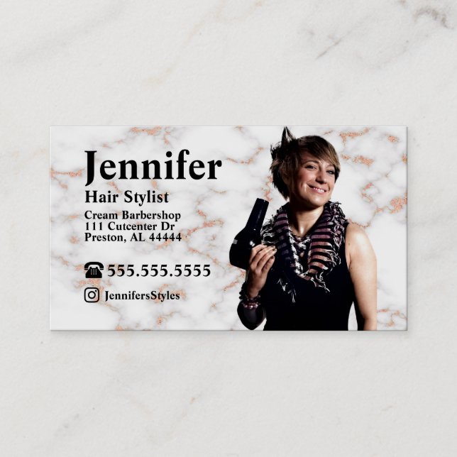 Stylist Marble Foto Business Card mit QR Code Visitenkarte (Vorderseite)