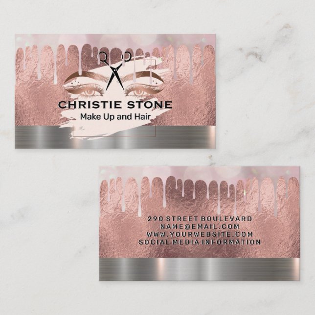 Stylist | Mua Rose Gold Foil | Tropfen Bokeh Visitenkarte (Vorne/Hinten)