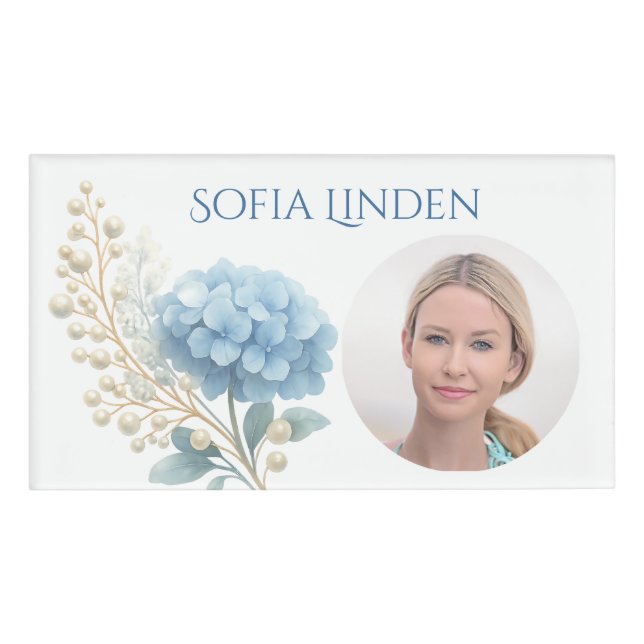 Stylist Powder Blue Hydrangea Wasserfarbe Namenschild (Vorderseite)